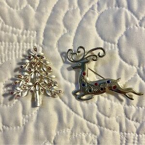 Vintage Silver Pink Crystal Christmas Tree & Reindeer brooches